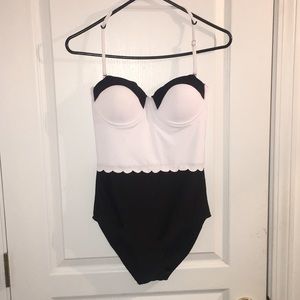 Two tone black and white one piece swimsuit